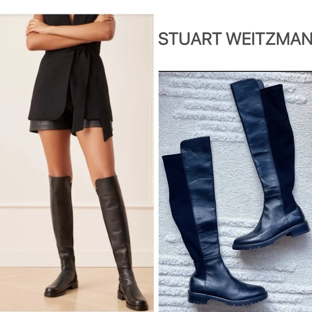 Stuart Weitzman 5050 Bold OTK Over The Knew Boots Black Leather Stretch US 6.5
